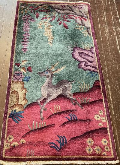 Antique Art Deco Chinese Rug 2 x 4 c 1920 A Happy Dear 