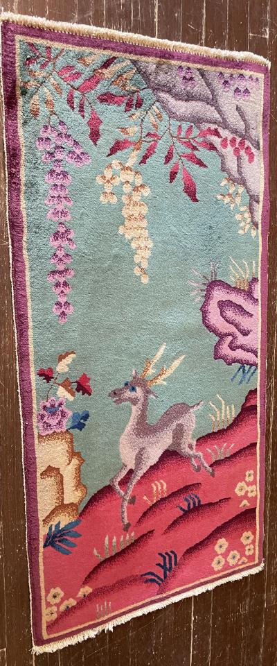 Antique Art Deco Chinese Rug 2 x 4 c 1920 A Happy Dear 
