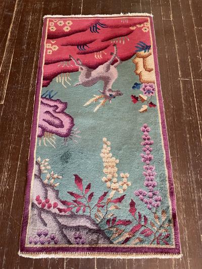 Antique Art Deco Chinese Rug 2 x 4 c 1920 A Happy Dear 