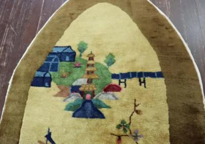 Antique Art Deco Chinese Rug Oval Bridge to Pagoda