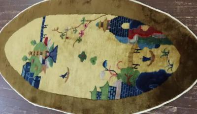 Antique Art Deco Chinese Rug Oval Bridge to Pagoda