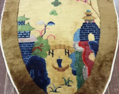 Antique Art Deco Chinese Rug Oval Bridge to Pagoda
