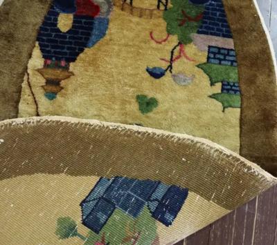 Antique Art Deco Chinese Rug Oval Bridge to Pagoda