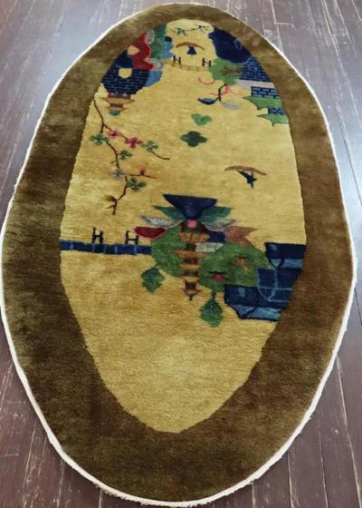 Antique Art Deco Chinese Rug Oval Bridge to Pagoda