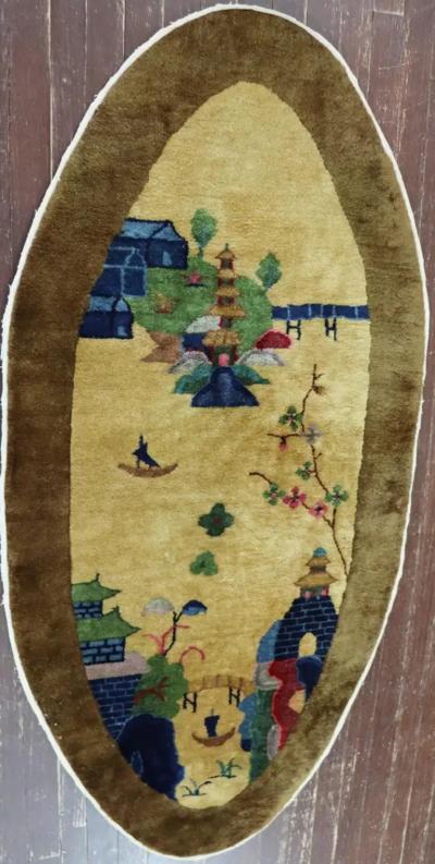 Antique Art Deco Chinese Rug Oval Bridge to Pagoda