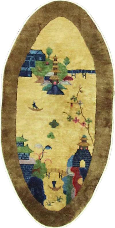 Antique Art Deco Chinese Rug Oval Bridge to Pagoda