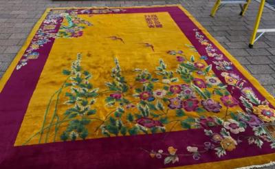 Antique Art Deco Chinese Rug Signed c 1920 Gold color