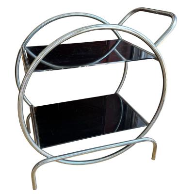 Antique Art Deco Streamline Chrome Hoop Black Glass Side Table