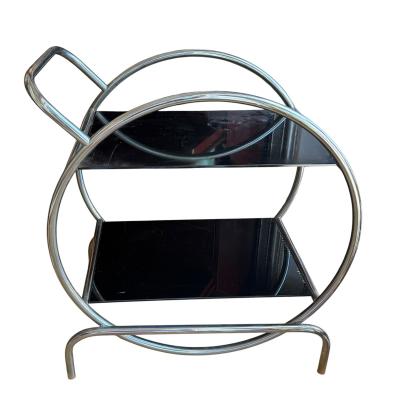 Antique Art Deco Streamline Chrome Hoop Black Glass Side Table