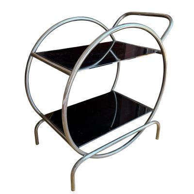 Antique Art Deco Streamline Chrome Hoop Black Glass Side Table