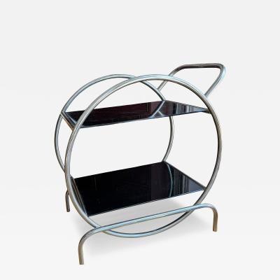 Antique Art Deco Streamline Chrome Hoop Black Glass Side Table
