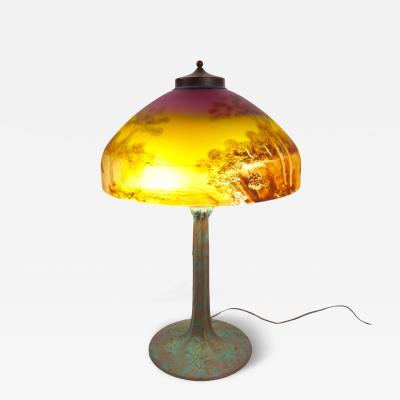 Antique Arts Crafts Phoenix Reverse Painted Table Lamp Landscape Scene