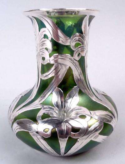 Antique Austrian Art Nouveau Silver Overlay Iridescent Vase