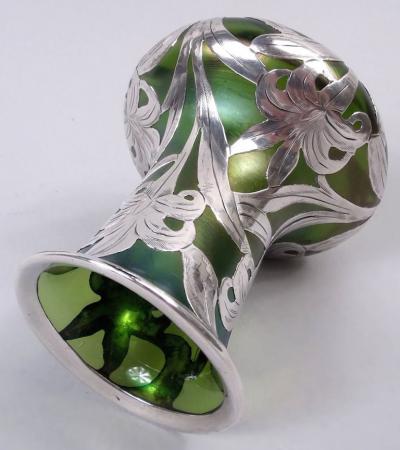 Antique Austrian Art Nouveau Silver Overlay Iridescent Vase