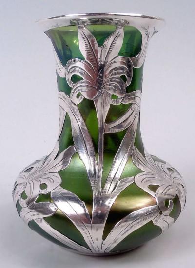 Antique Austrian Art Nouveau Silver Overlay Iridescent Vase