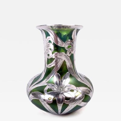 Antique Austrian Art Nouveau Silver Overlay Iridescent Vase