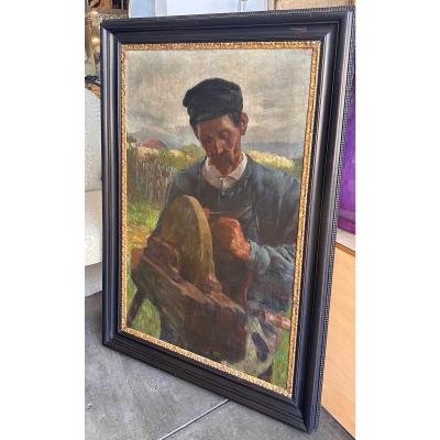 Antique Austrian Oil Painting of a Farm Worker