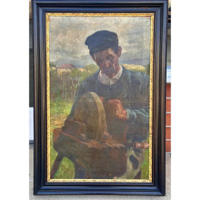 Antique Austrian Oil Painting of a Farm Worker