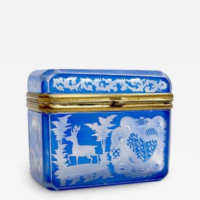 Antique Austrian Sky Blue Bohemian Engraved Cut Crystal Trinket Box with Lid
