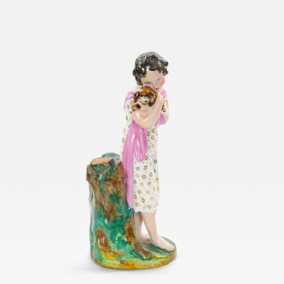Antique Austrian Vienna Porcelain Sculpture of a Young Girl Holding Her Dog