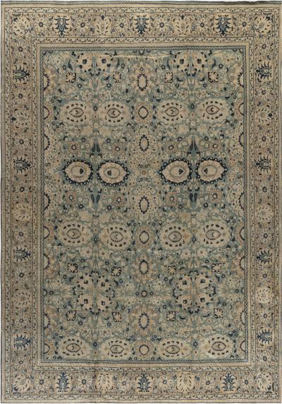 Antique Beige Blue Botanic Persian Tabriz Handmade Wool Rug