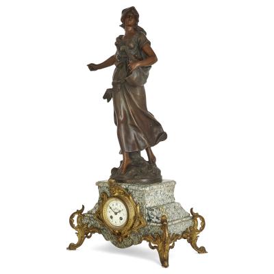 Antique Belle poque Sculptural Three Piece Clock Set after Auguste Moreau