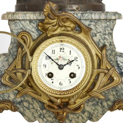 Antique Belle poque Sculptural Three Piece Clock Set after Auguste Moreau