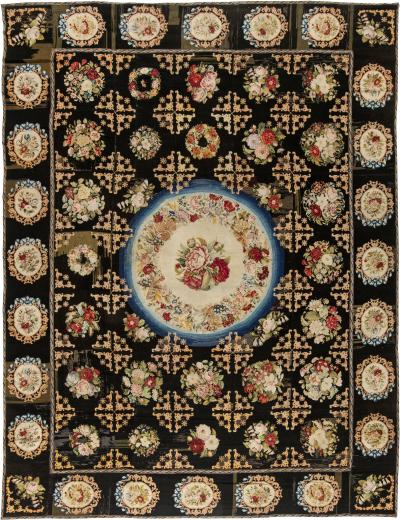 Antique Black Background Botanic Needlework Rug