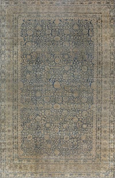 Antique Blue and Beige Persian Kirman Handwoven Wool Rug