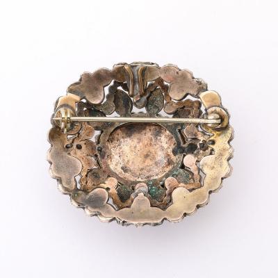 Antique Bohemian Brooch Encrusted W Garnets Central Cabochon in Gold Setting