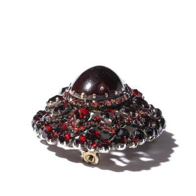Antique Bohemian Brooch Encrusted W Garnets Central Cabochon in Gold Setting