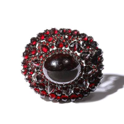 Antique Bohemian Brooch Encrusted W Garnets Central Cabochon in Gold Setting
