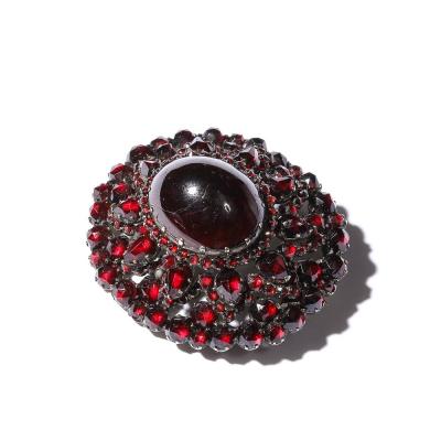 Antique Bohemian Brooch Encrusted W Garnets Central Cabochon in Gold Setting