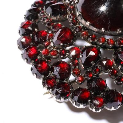 Antique Bohemian Brooch Encrusted W Garnets Central Cabochon in Gold Setting