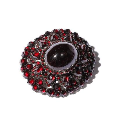 Antique Bohemian Brooch Encrusted W Garnets Central Cabochon in Gold Setting