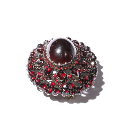 Antique Bohemian Brooch Encrusted W Garnets Central Cabochon in Gold Setting
