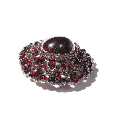 Antique Bohemian Brooch Encrusted W Garnets Central Cabochon in Gold Setting
