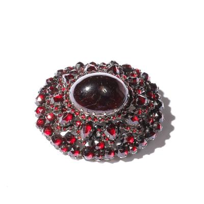 Antique Bohemian Brooch Encrusted W Garnets Central Cabochon in Gold Setting