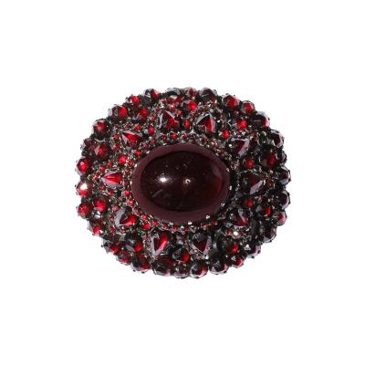 Antique Bohemian Brooch Encrusted W Garnets Central Cabochon in Gold Setting