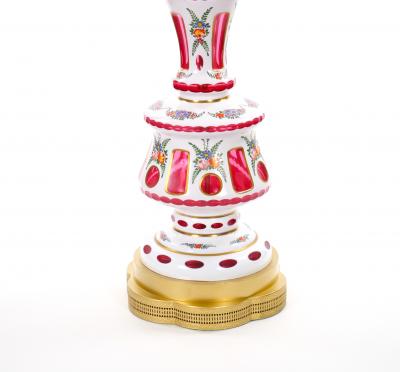 Antique Bohemian Cranberry Crystal Painted and Gilt Gold Decorated Table Lamp