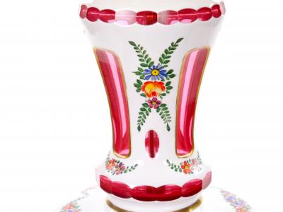 Antique Bohemian Cranberry Crystal Painted and Gilt Gold Decorated Table Lamp