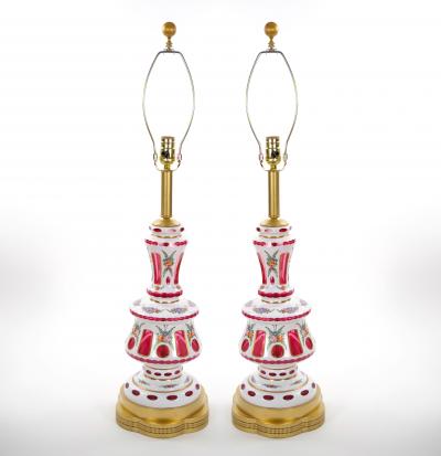 Antique Bohemian Cranberry Crystal Painted and Gilt Gold Decorated Table Lamp
