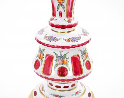 Antique Bohemian Cranberry Crystal Painted and Gilt Gold Decorated Table Lamp
