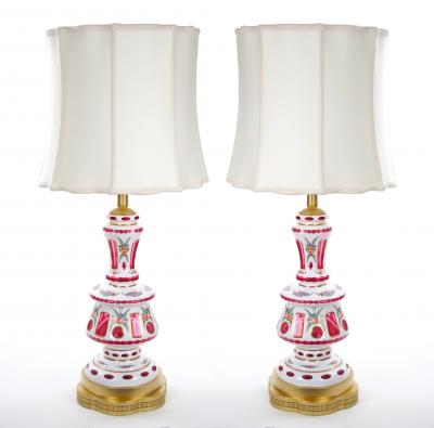 Antique Bohemian Cranberry Crystal Painted and Gilt Gold Decorated Table Lamp