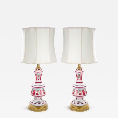 Antique Bohemian Cranberry Crystal Painted and Gilt Gold Decorated Table Lamp