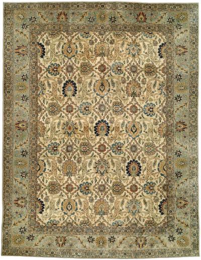 Antique Botanic Cream Blue Persian Tabriz Hand Knotted Wool Rug
