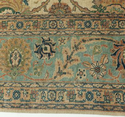 Antique Botanic Cream Blue Persian Tabriz Hand Knotted Wool Rug