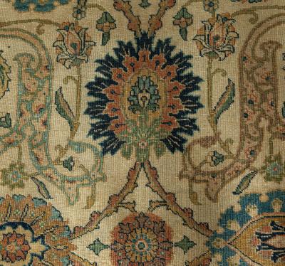 Antique Botanic Cream Blue Persian Tabriz Hand Knotted Wool Rug