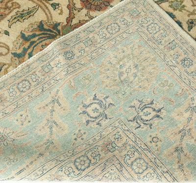 Antique Botanic Cream Blue Persian Tabriz Hand Knotted Wool Rug