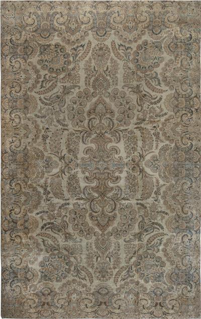 Antique Botanic Persian Kirman Beige Brown Blue Handmade Wool Rug